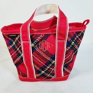 Lands End Canvas Tote Red Blue Plaid Carry All Key Fob Cotton Boat Bag Purse